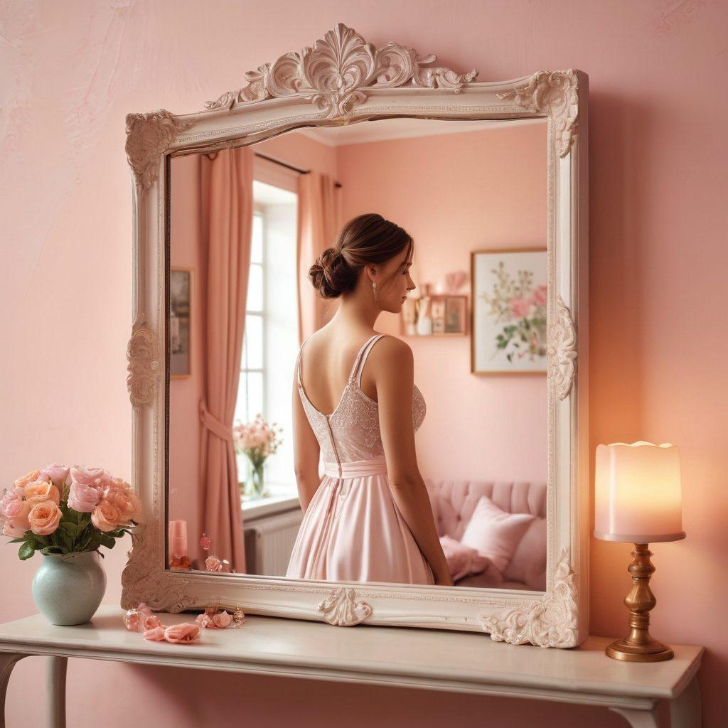 A serene scene depicting a person looking in a mirror, reflecting their journey of self-love, surrounded by symbols of romance like hearts and flowers. In the background, insurance-related icons subtly merge with elements of love, representing support and safety in relationships. Warm pastel colors to evoke feelings of comfort and joy. super-realistic. vibrant colors.