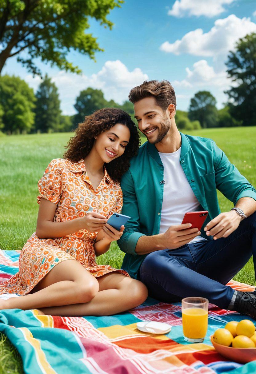 A visually striking blend of a shield symbolizing safety and a stylish couple enjoying a picnic under a sunny sky, surrounded by abstract representations of insurance policies in vibrant colors. Include elements like a smartphone displaying app notifications for safety tips and stylish fashion accessories. The background should be bright and uplifting, promoting an aura of protection and modern living. super-realistic. vibrant colors. soft focus.