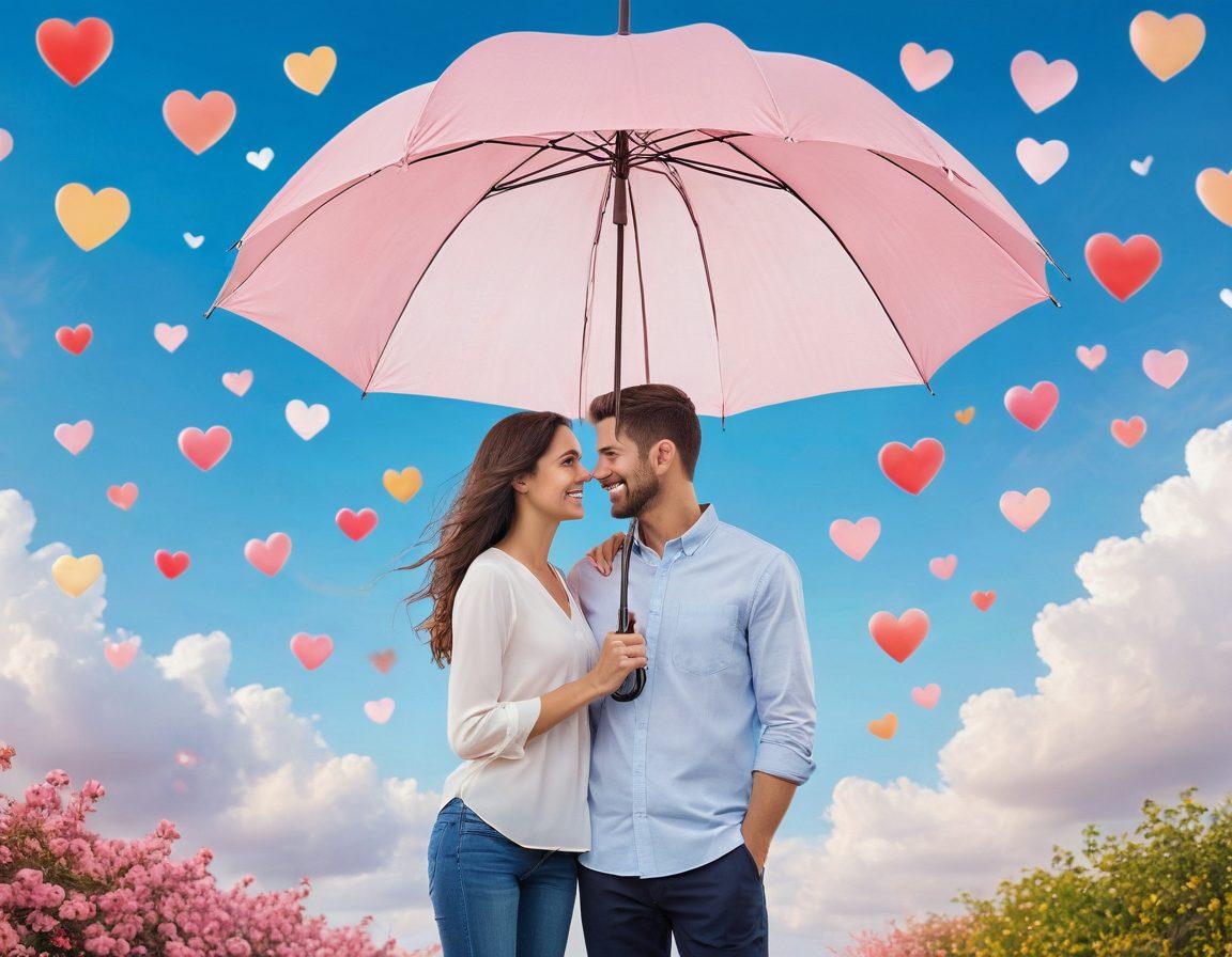 A couple joyfully holding hands while standing under a protective umbrella, surrounded by hearts and symbols of insurance policies, such as icons of home, health, and travel coverage. The background features a dreamy sky with soft pastel colors, enhancing a romantic vibe. The couple looks happy and secure, showcasing love and safety. super-realistic. vibrant colors. soft focus.